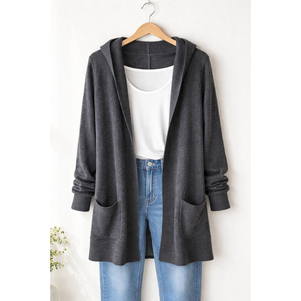 Ann Taylor Charcoal Gray Hooded Open Front Cardigan Sweater Wool Blend‎ Womens M